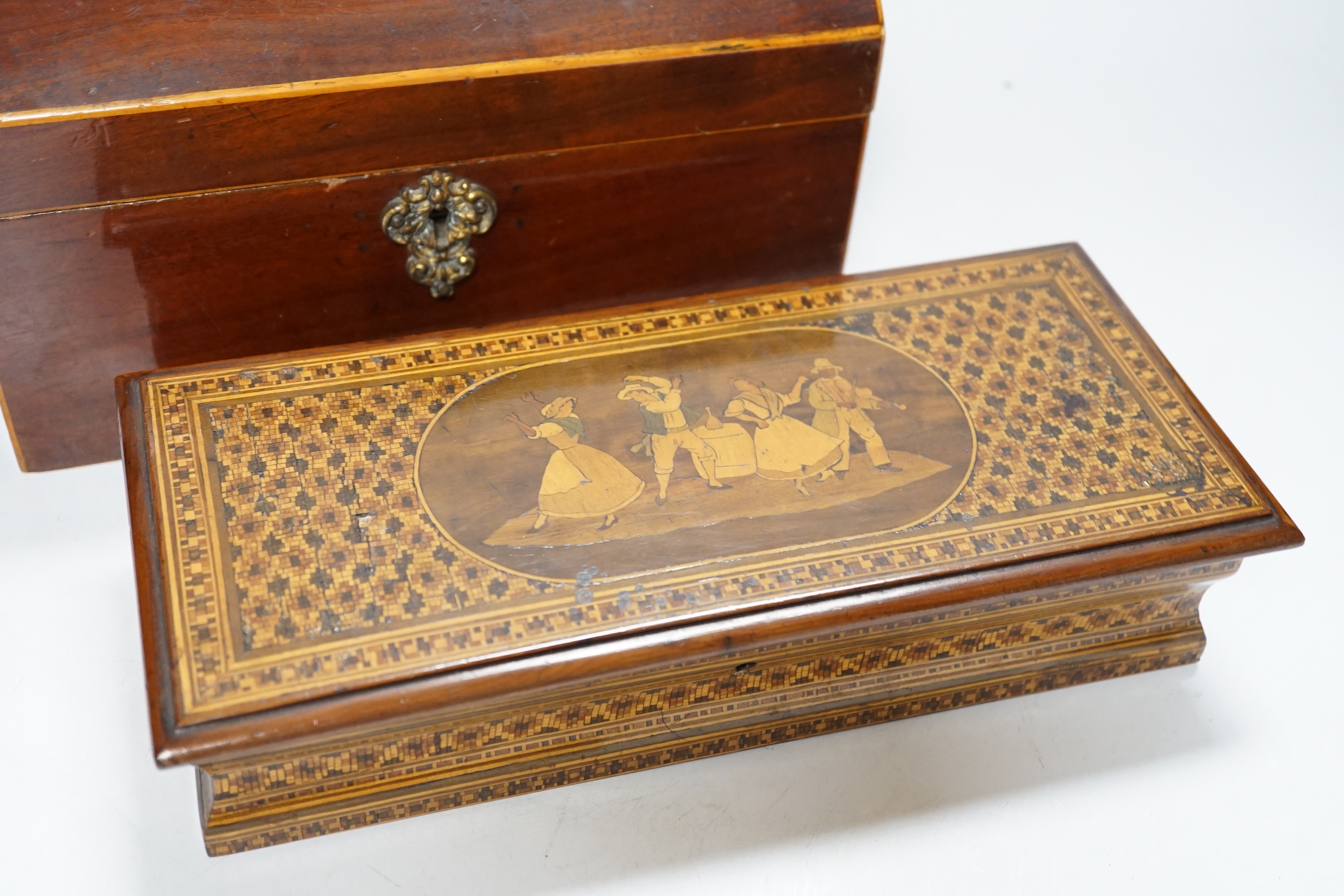 A George III domed box and two Sorrento ware boxes, largest 28cm